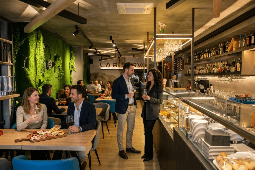 Banco bar con aperitivo e persone in ristorante a Monselice