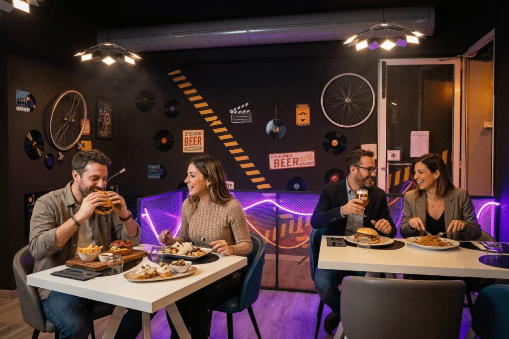 Interno moderno di hamburgheria a Monselice con clienti ai tavoli