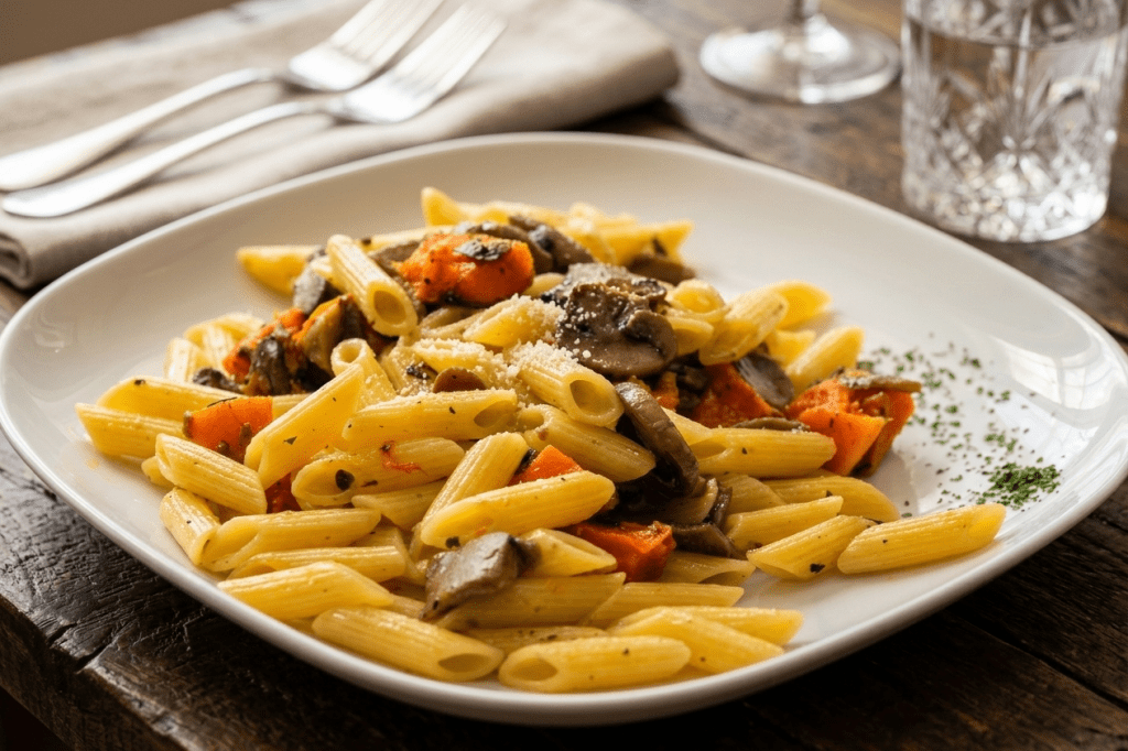 Piatto di pasta con funghi e verdure servito in ristorante a Monselice
